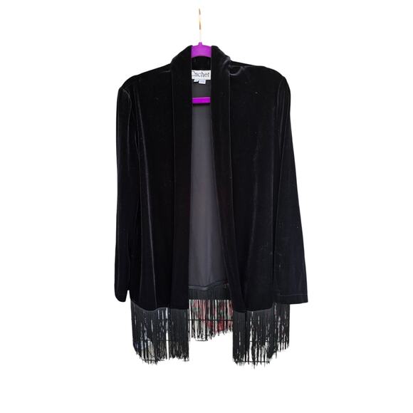Vintage Jackets & Blazers - Women's Black Velvet Fringed Lightweight Jacket Large